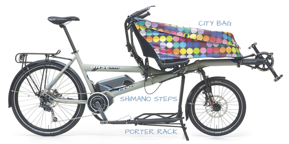 HASE PINO cargo bike with city bag, porter rack and shimano steps motor