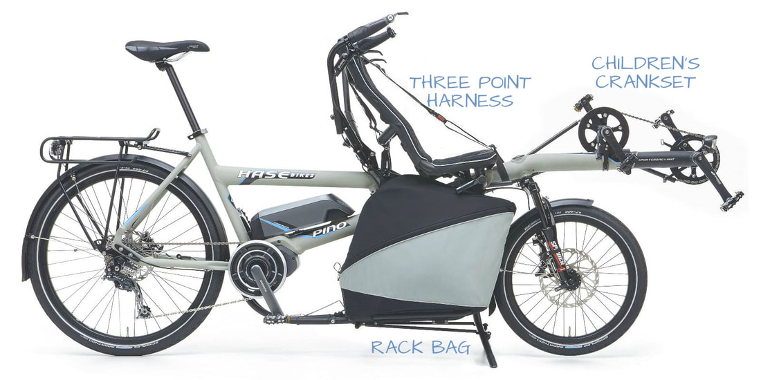 HASE PINO tandem bike with children's crankset, three point harness and rack bag