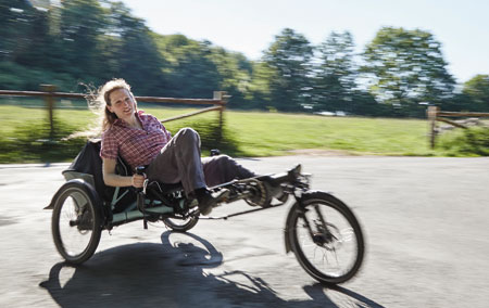 Maria riding a Kettwiesel Evolution recumbent trike