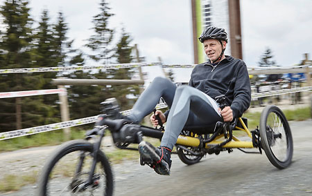 Gunther riding a Kettwiesel Kross off-road recumbent trike