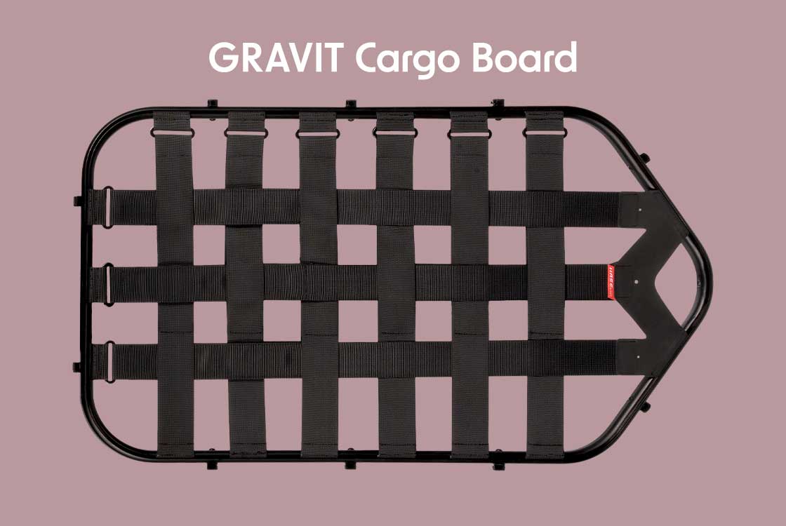 The Hase Bikes Gravit Cargo Board, seen from above on a mauve background