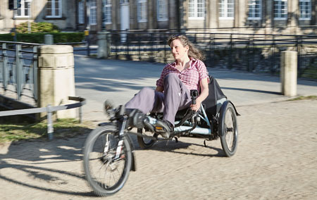 Maria riding the Kettwiesel Evolution recumbent trike